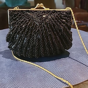 Beaded evening bag. Lovely black satin and beads gold clasp. Sz. 6"x6". (#1315)